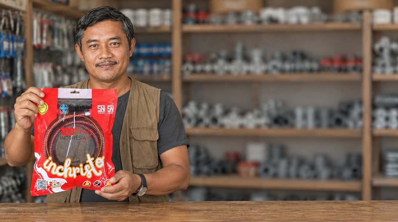 Cak Broto di balik meja kios menyodorkan kemasan selang Inchristo sambil tersenyum