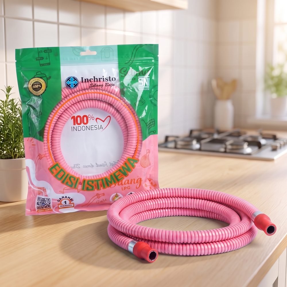 Selang Baja Inchristo Pink Heart 1,8 meter Edisi Istimewa dan kemasannya